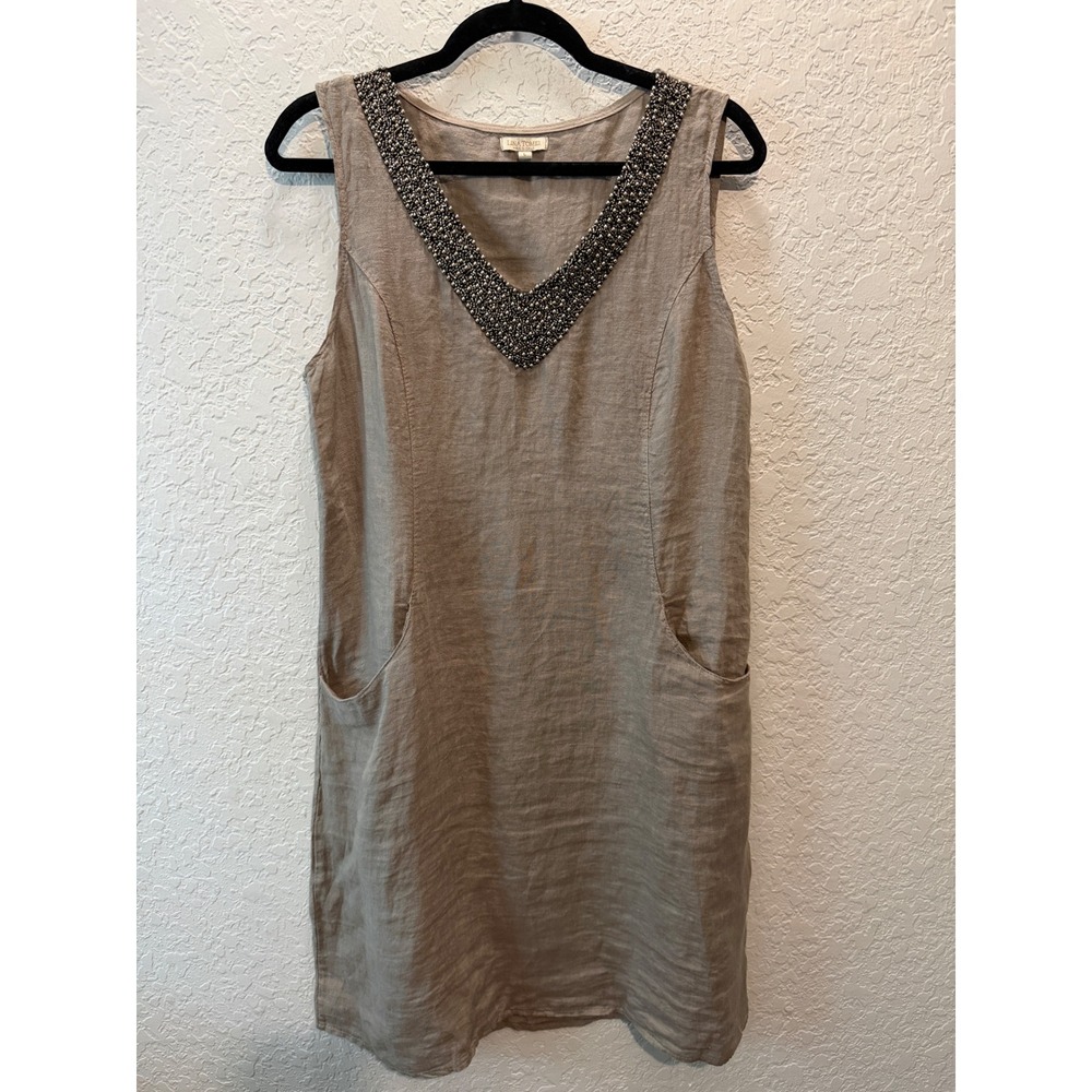 Lina Tomei Linen Beaded V-Neck Shift Dress L Taupe Coastal Boho Made in Italy
